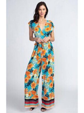 Milk & Honey Floral Wide Leg Jumpsuit Aqua Blue Orange